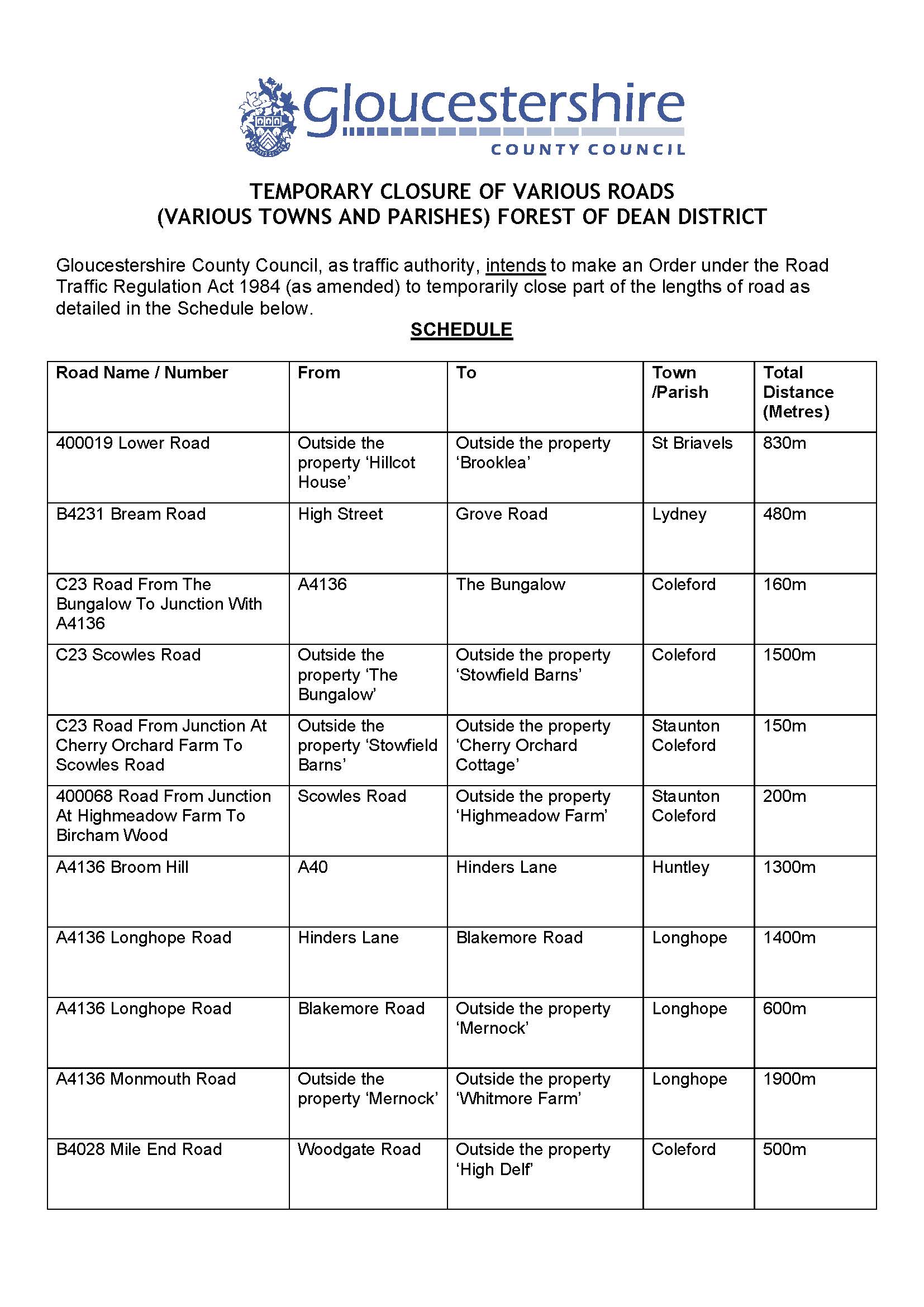 Temporary Closure of various Forest of Dean District. 6th April 26 - 5th April 27